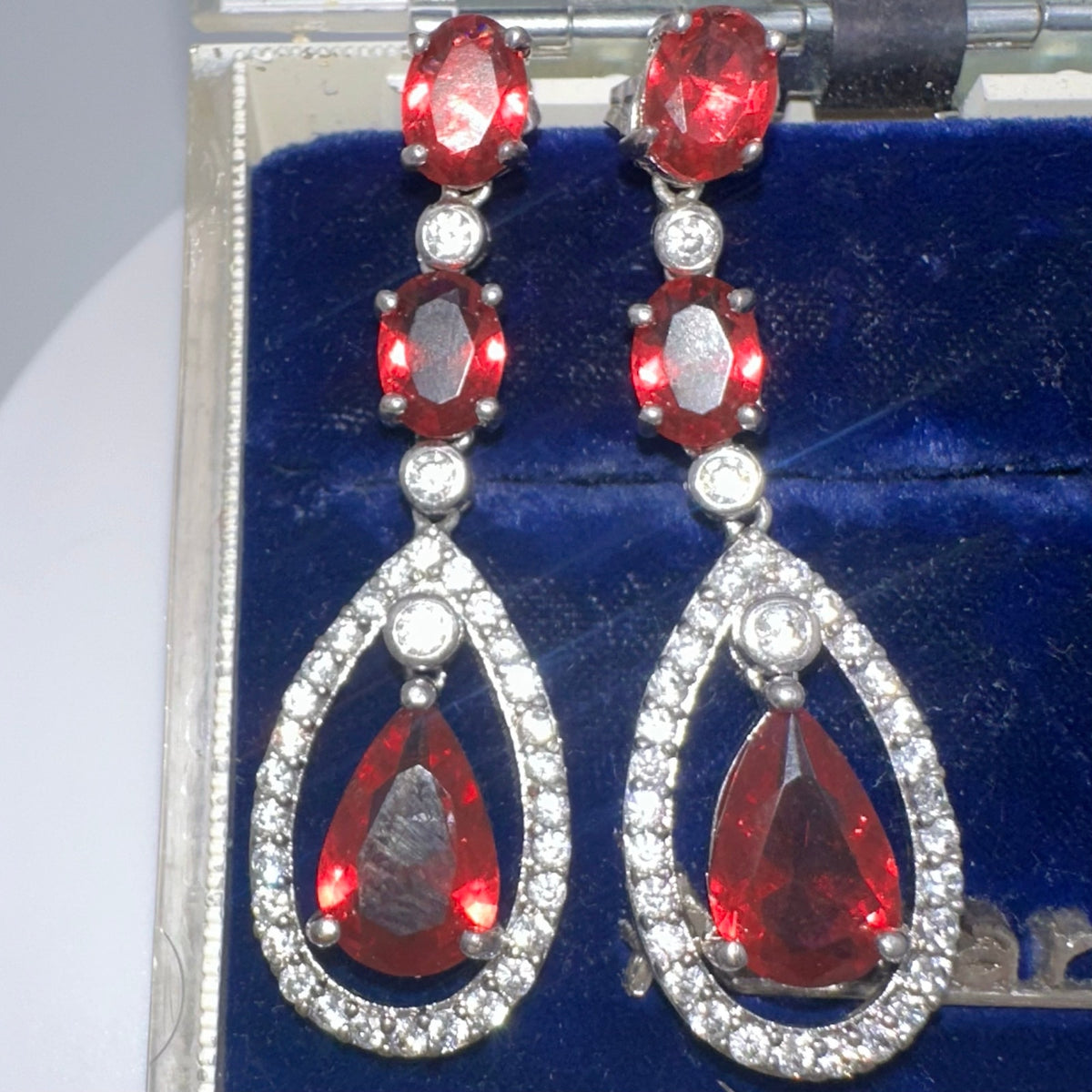 Silver tone red crimson clear cubic zirconia CZ posts dangle drop earrings