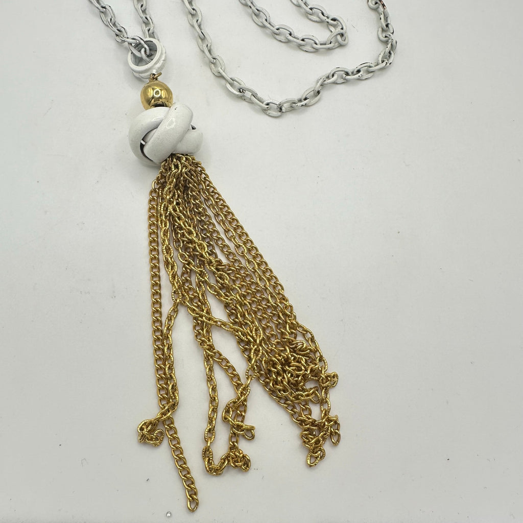 Vintage chunky gold tone white enamel knotted tassel fringe chain necklace
