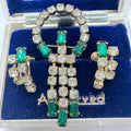 Vintage 1940s gold tone emerald green clear rhinestones brooch pendant earrings