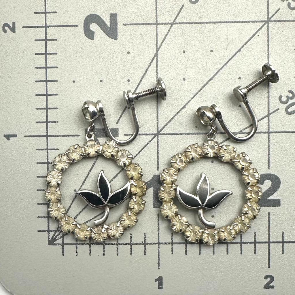 1940s vintage sterling silver clear rhinestones black enamel screw back earrings