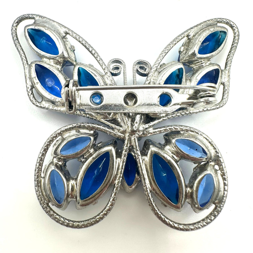 Vintage silver tone royal cobalt blue unfoiled rhinestones butterfly brooch