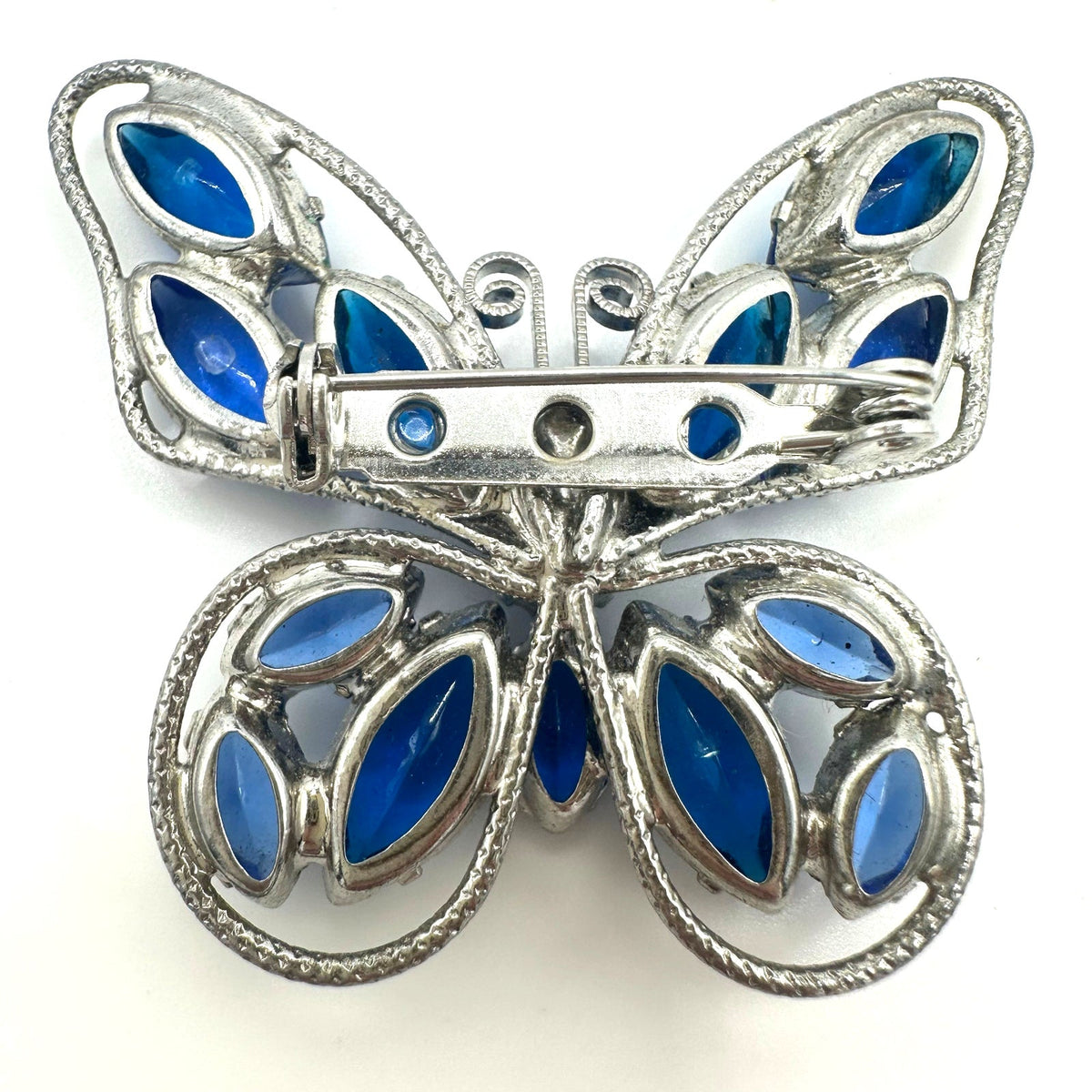 Vintage silver tone royal cobalt blue unfoiled rhinestones butterfly brooch
