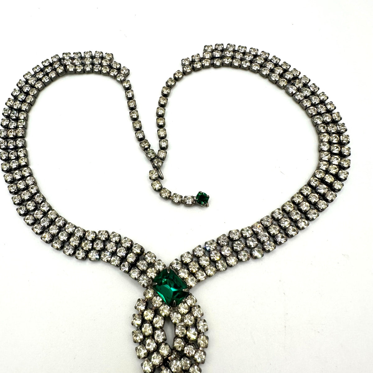1950s vintage silver tone clear emerald green rhinestones fringe tassel necklace
