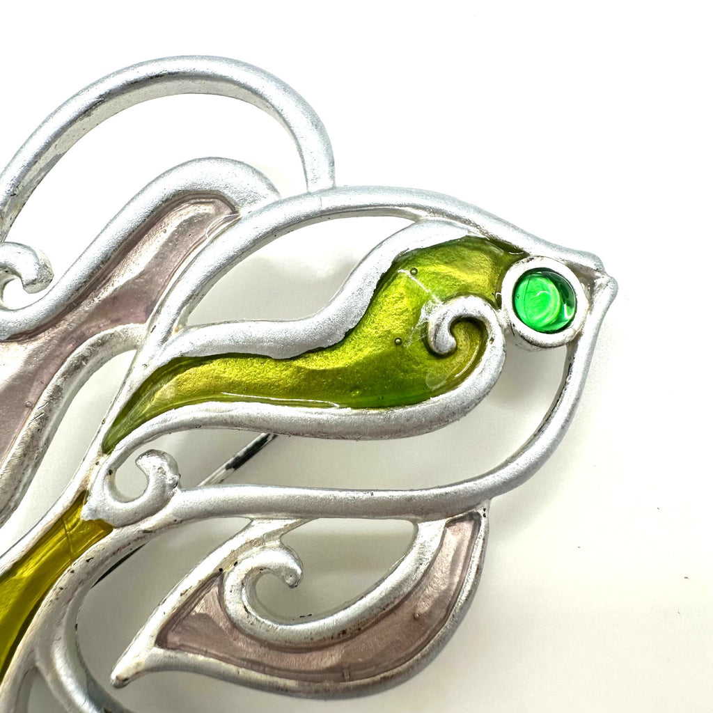 Givenchy vintage 1980s 1990s silver tone green enamel fish figural brooch