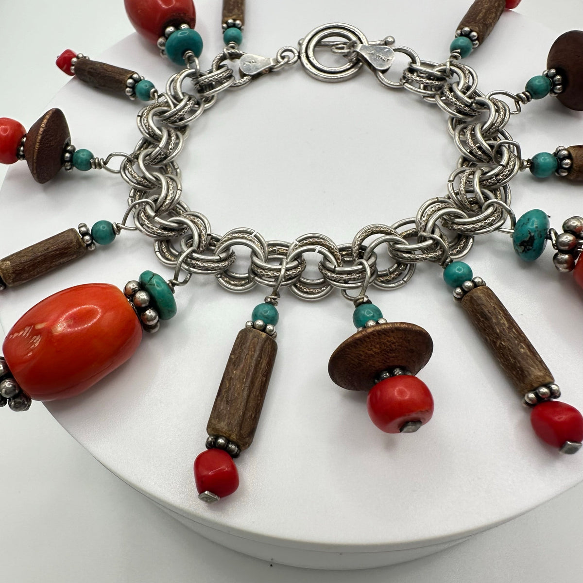 Southwestern 925 sterling silver genuine red coral turquoise charms bracelet