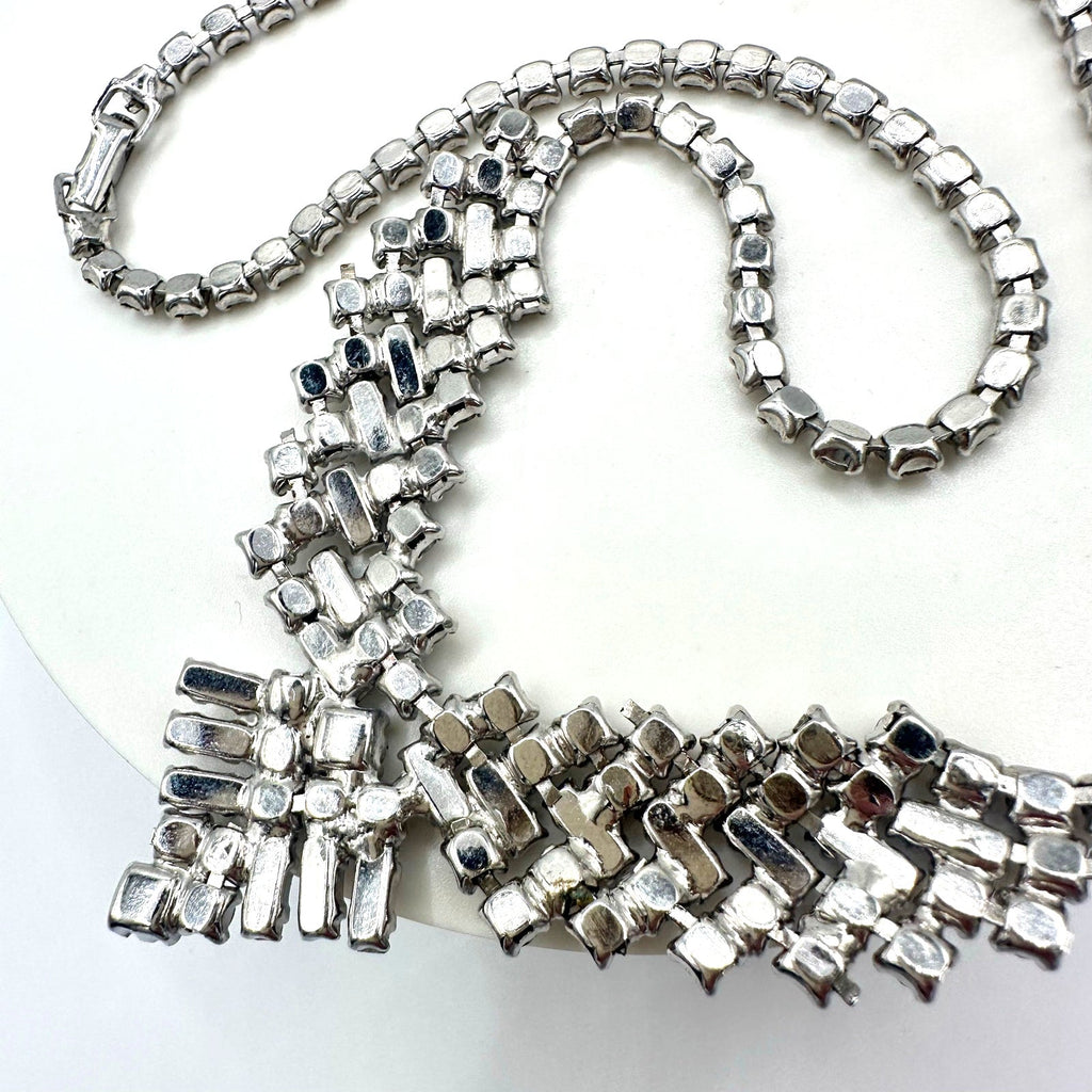 1950s vintage silver tone clear glass rhinestones pointed V swag necklace