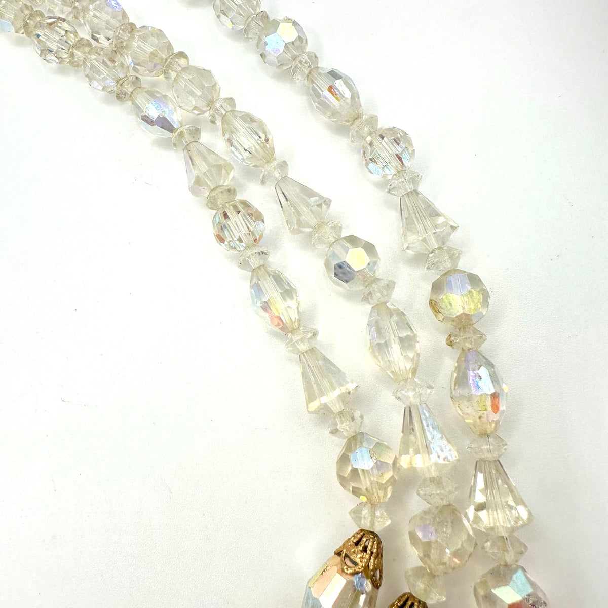 Vintage triple strand AB glass beaded gold tone filigree rhinestone necklace