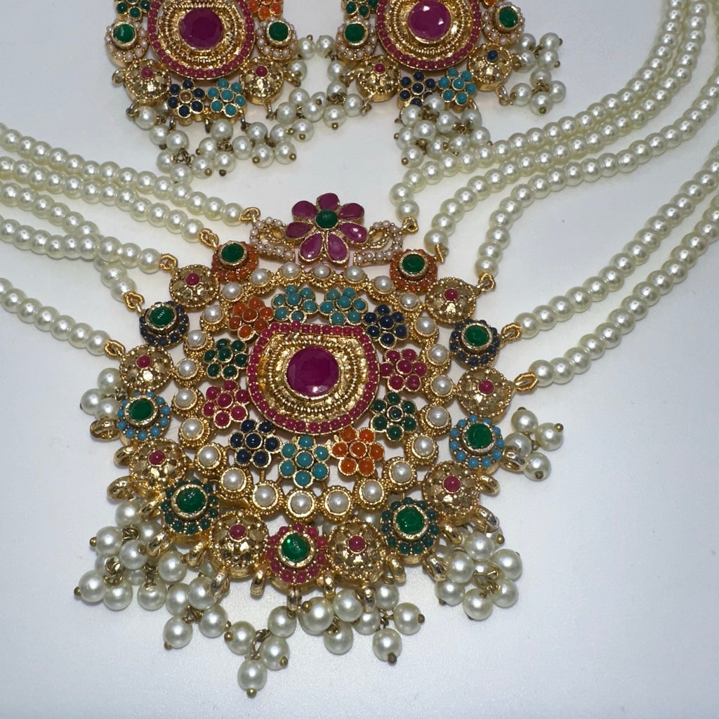 Indian gold kundan pearl gems necklace earrings maang tikka full mala set