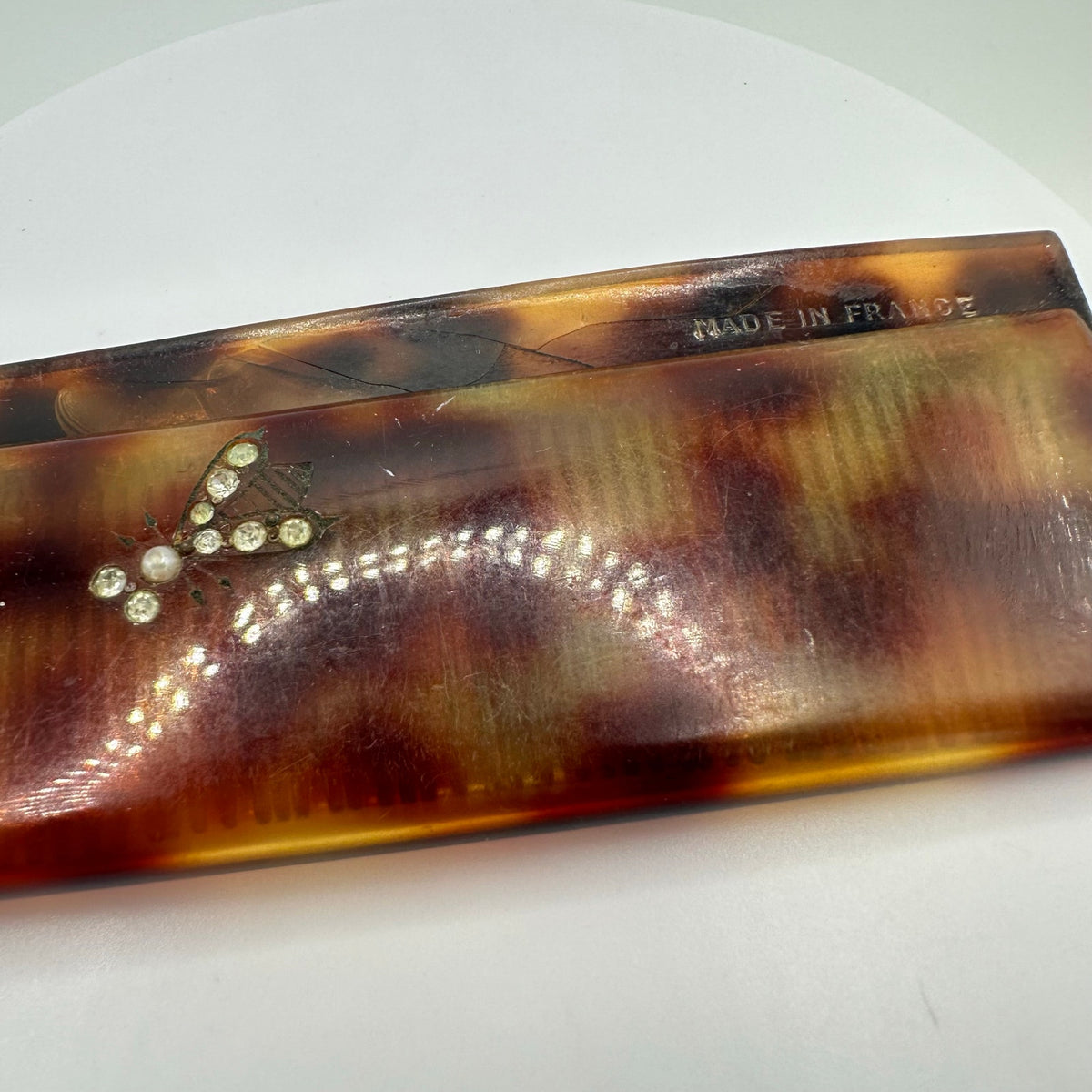 Made in France vintage faux tortoiseshell celluloid rhinestone bees hair comb