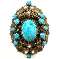 West Germany vintage gold tone turquoise art glass rhinestones brooch pendant