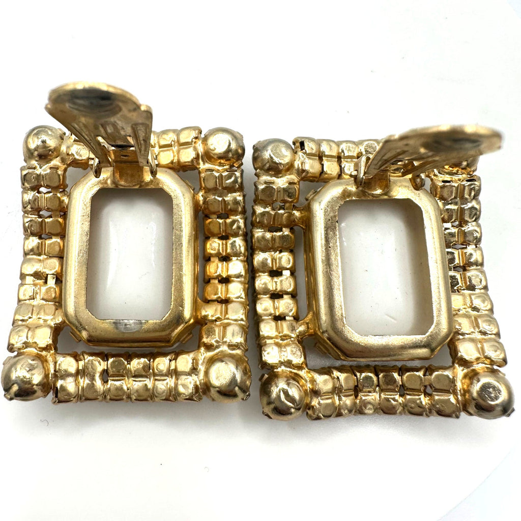 Vintage massive gold tone rectangular milk glass rhinestones clip on earrings