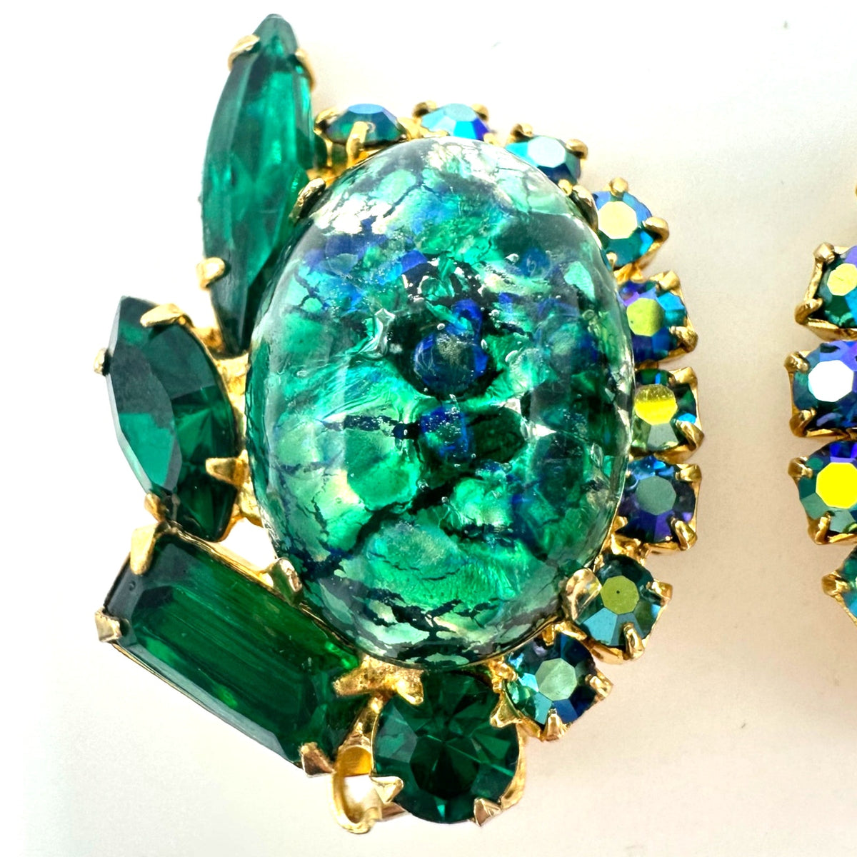 Juliana 1960s vintage gold tone green art glass AB rhinestones clip on earrings