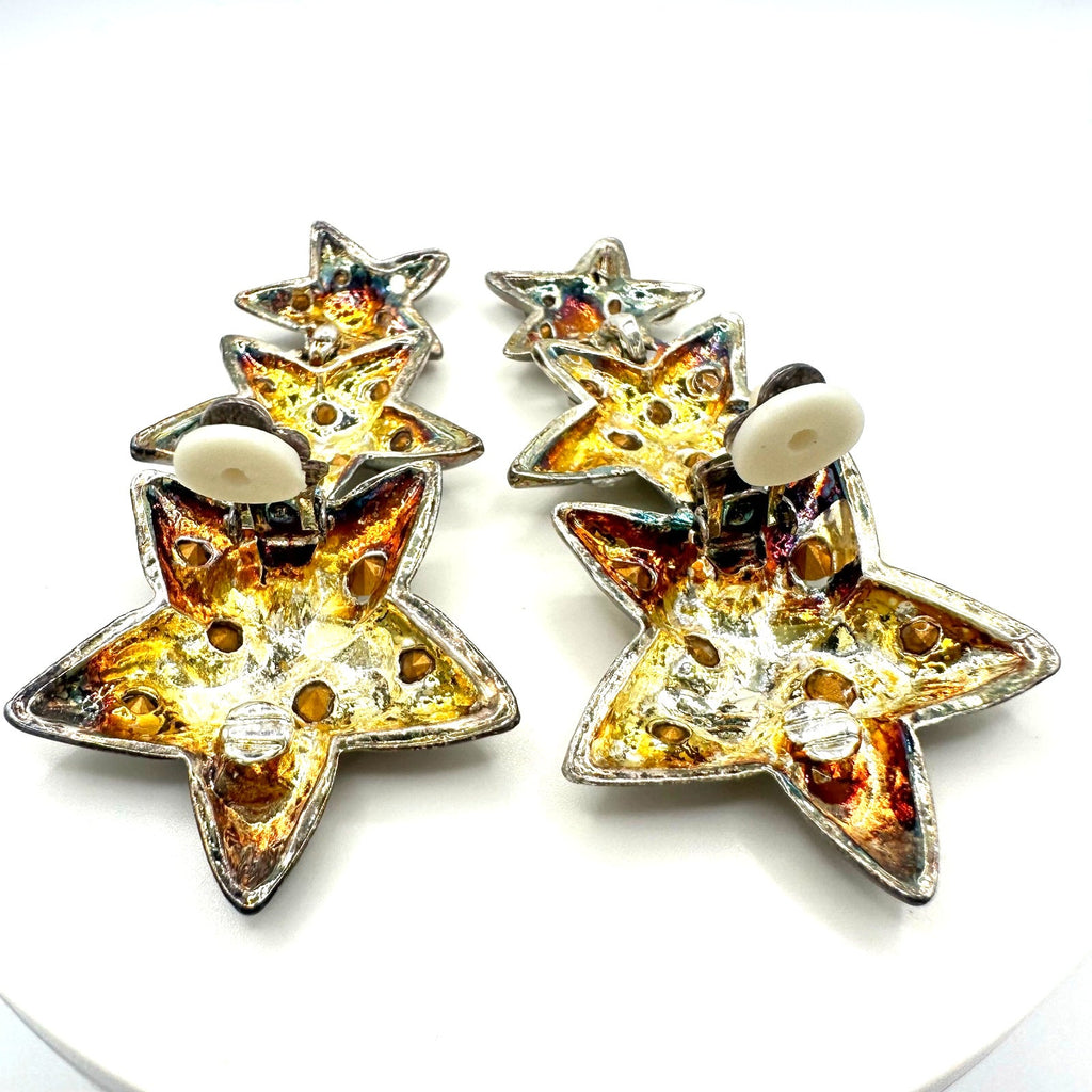 Vintage 1990s silver tone clear rhinestones 3 stars dangle drop clip on earrings