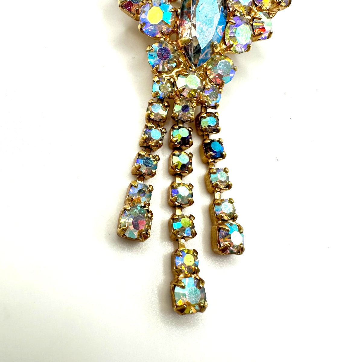 Vintage gold tone aurora borealis AB glass rhinestones fringe dangle brooch