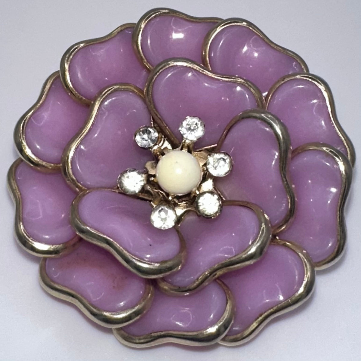 1950s vintage gold tone opaque pink molded glass layered flower floral brooch
