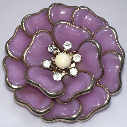1950s vintage gold tone opaque pink molded glass layered flower floral brooch