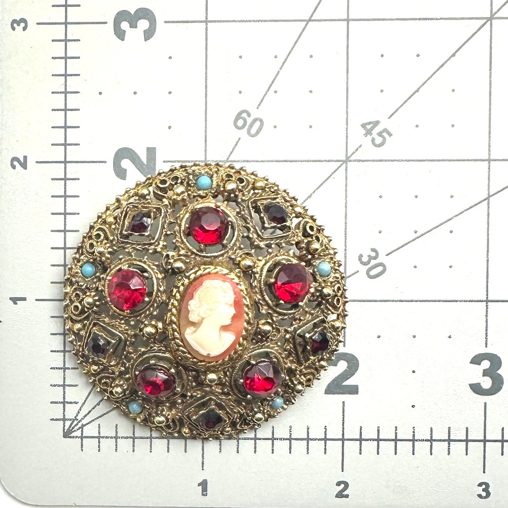 Florenza Victorian Revival gold tone red rhinestones faux turquoise cameo brooch