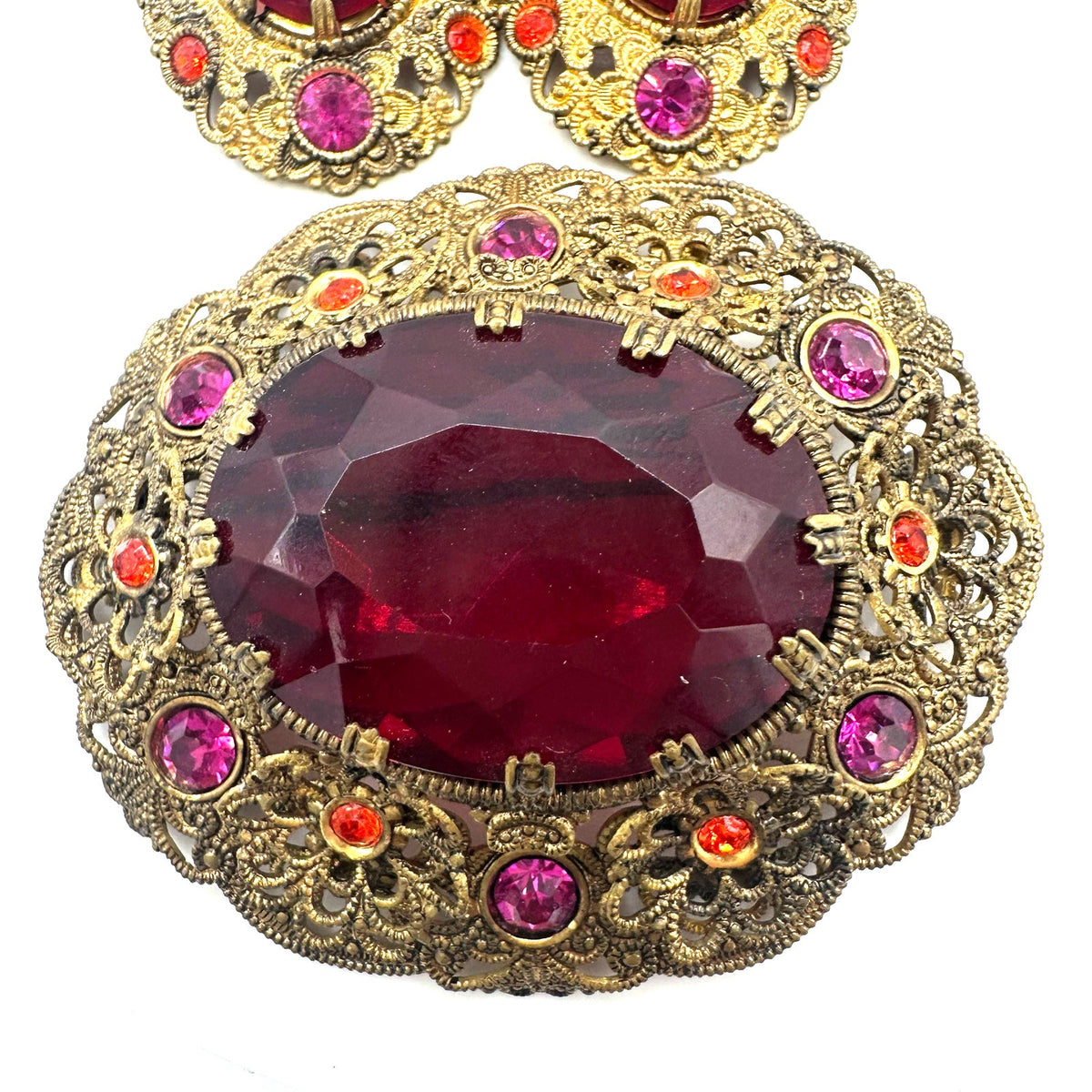 West Germany vintage gold tone red pink rhinestones brooch clip on earrings set