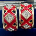 Vintage gold tone clear rhinestones red enamel half hoops clip on earrings