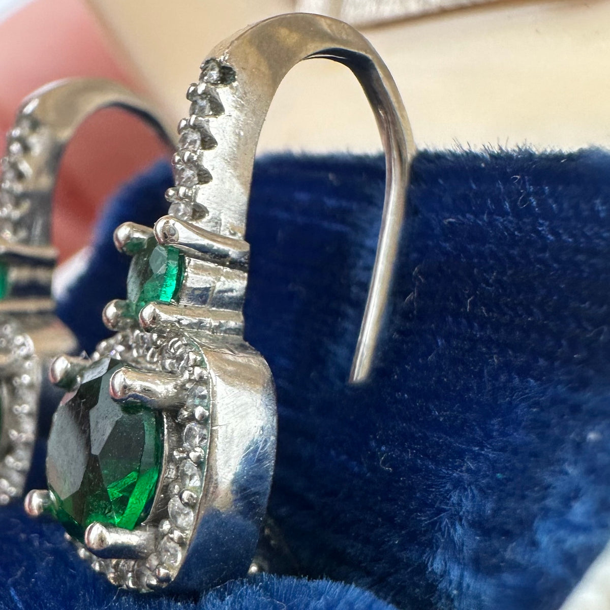 Signed silver tone clear emerald green cubic zirconia CZ drop post hook earrings