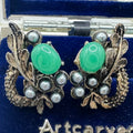 Japan vintage green art glass silver faux pearls beaded clip on earrings