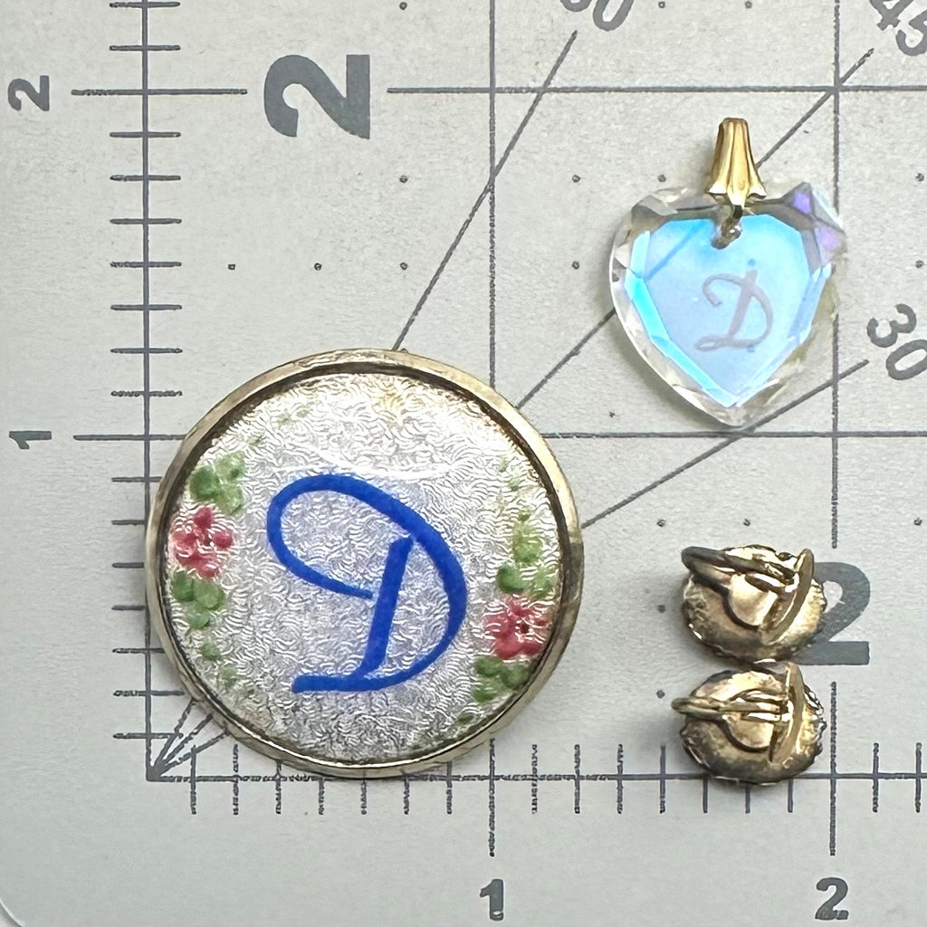 Bundle lot 3 vintage D initial guilloche enamel brooch earrings crystal pendant