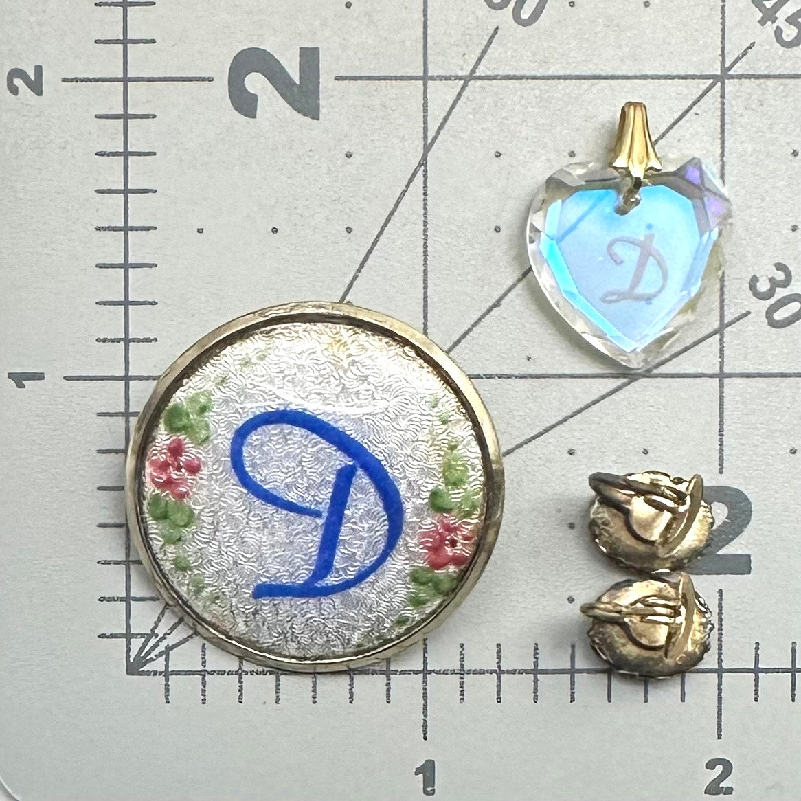 Bundle lot 3 vintage D initial guilloche enamel brooch earrings crystal pendant