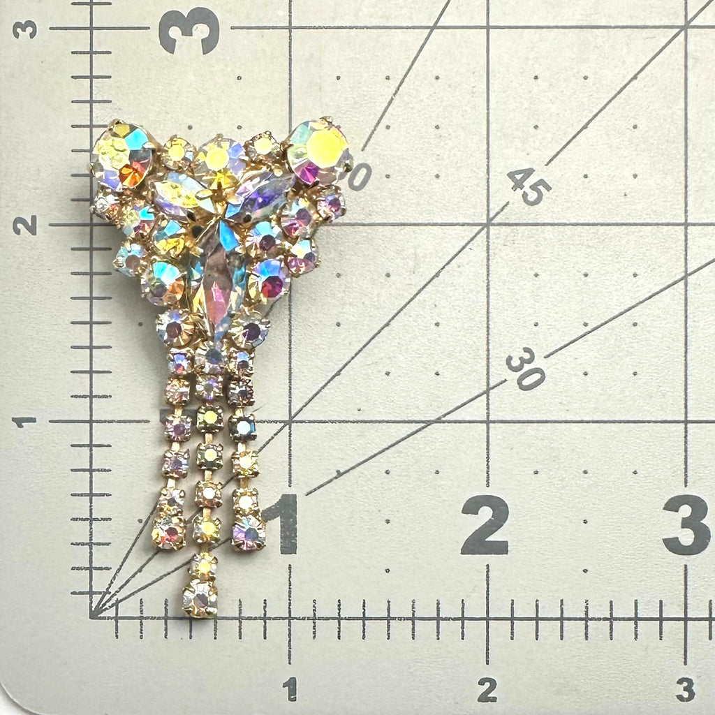 Vintage gold tone aurora borealis AB glass rhinestones fringe dangle brooch
