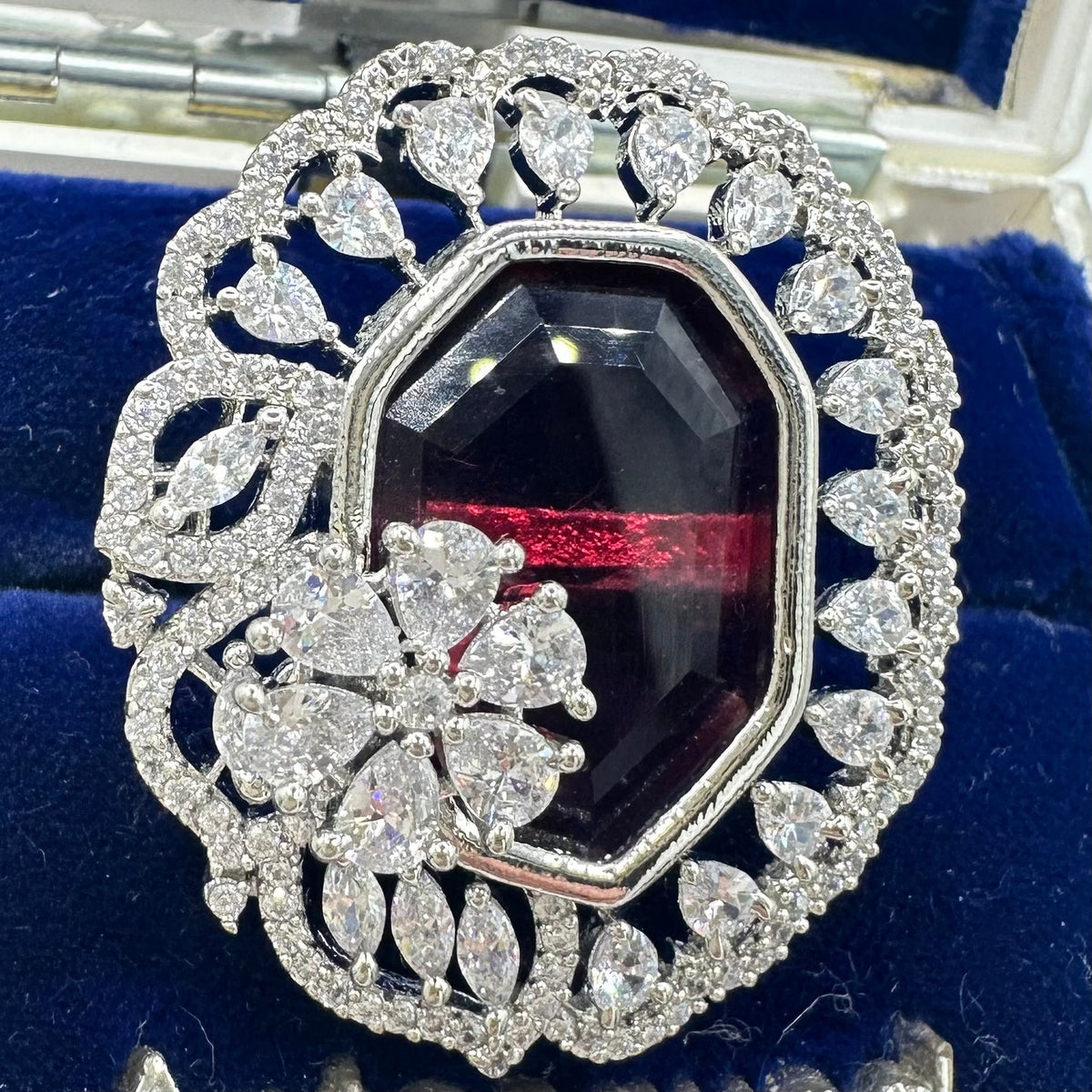 Silver tone red crimson clear cubic zirconia cluster adjustable statement ring