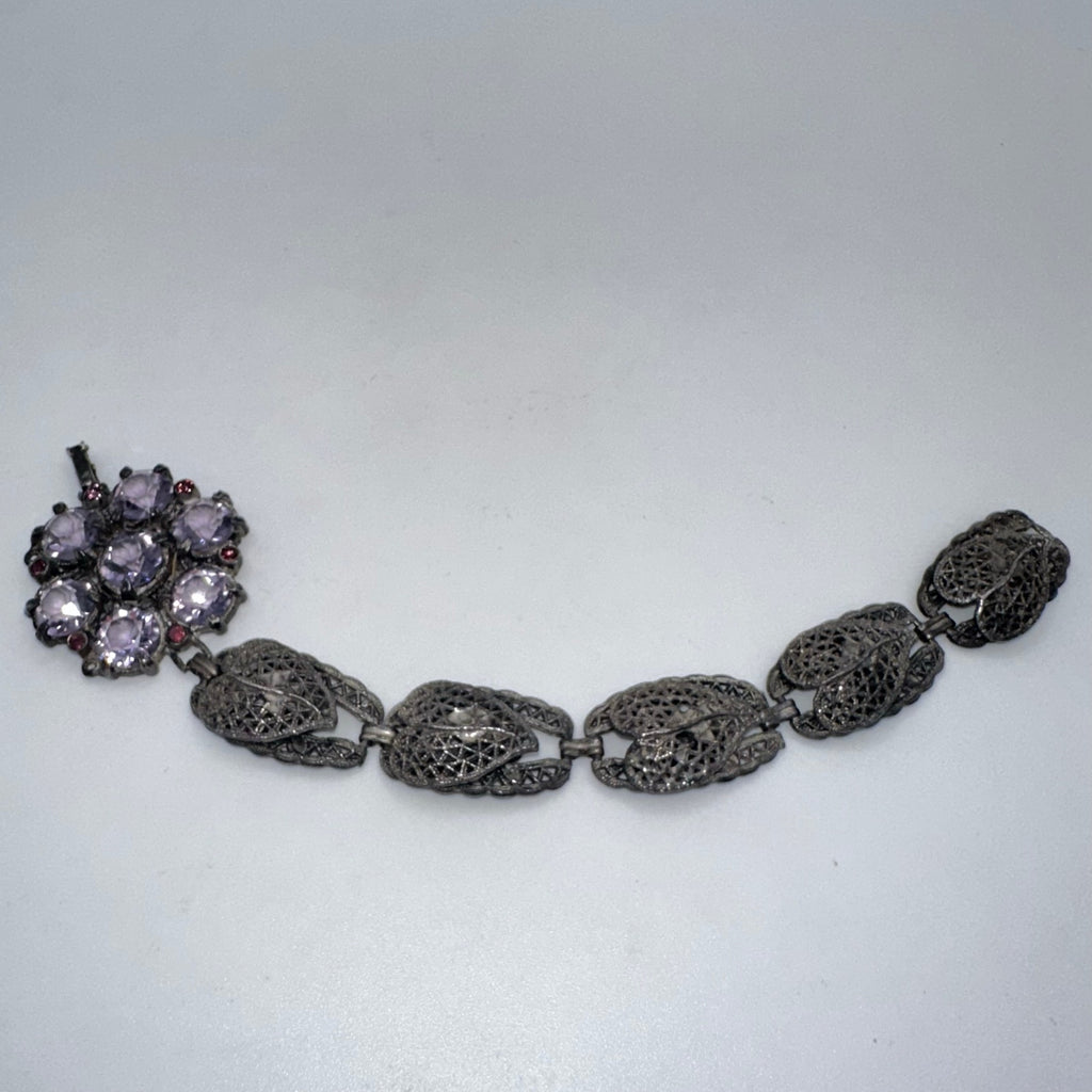 Antique Art Deco silver tone purple glass faux amethyst gemstones bracelet