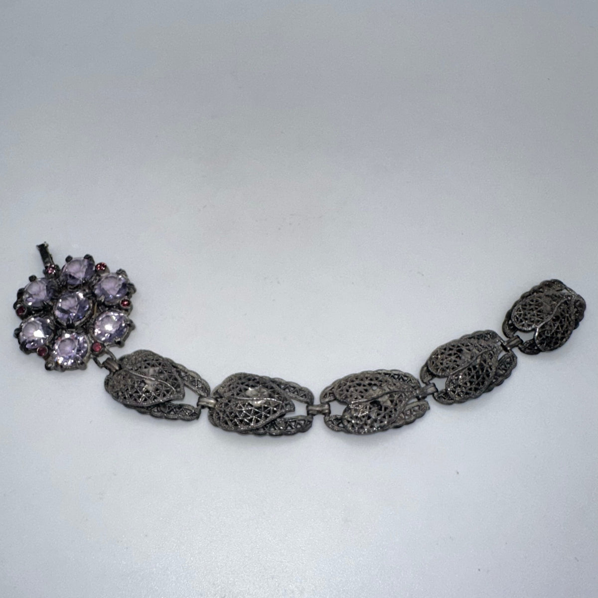 Antique Art Deco silver tone purple glass faux amethyst gemstones bracelet