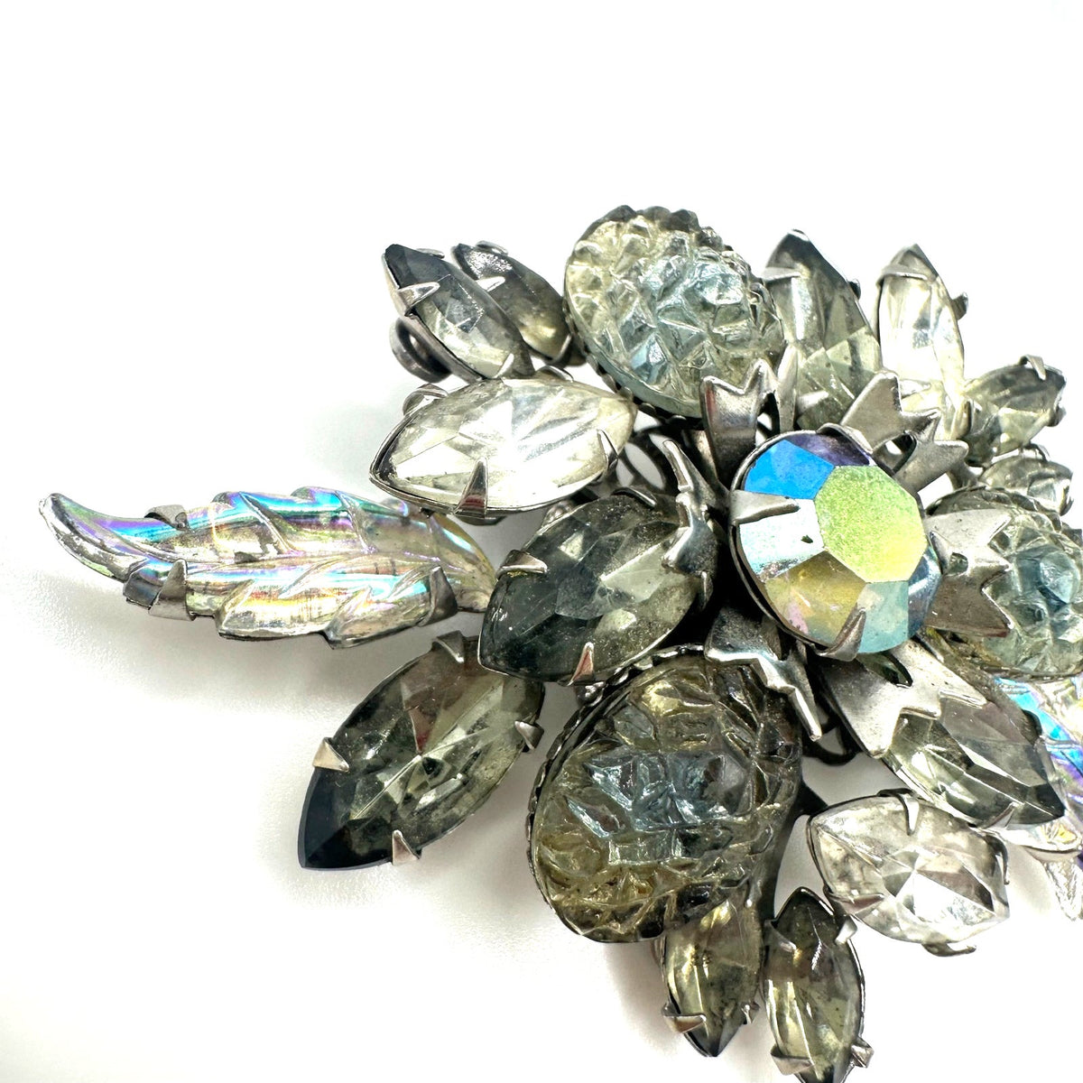 Judy Lee vintage silver tone clear gray molded glass AB rhinestones brooch