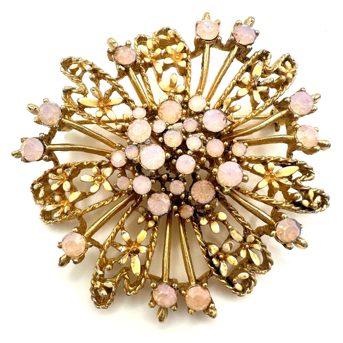 Vintage gold tone pink opalite glass rhinestones cream enamel flowers brooch