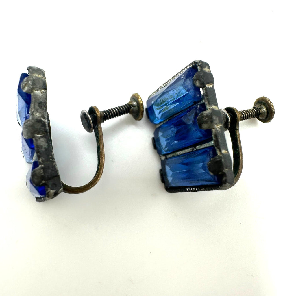 Antique Art Deco blue Vauxhall Czech glass rhinestones brass screw back earrings