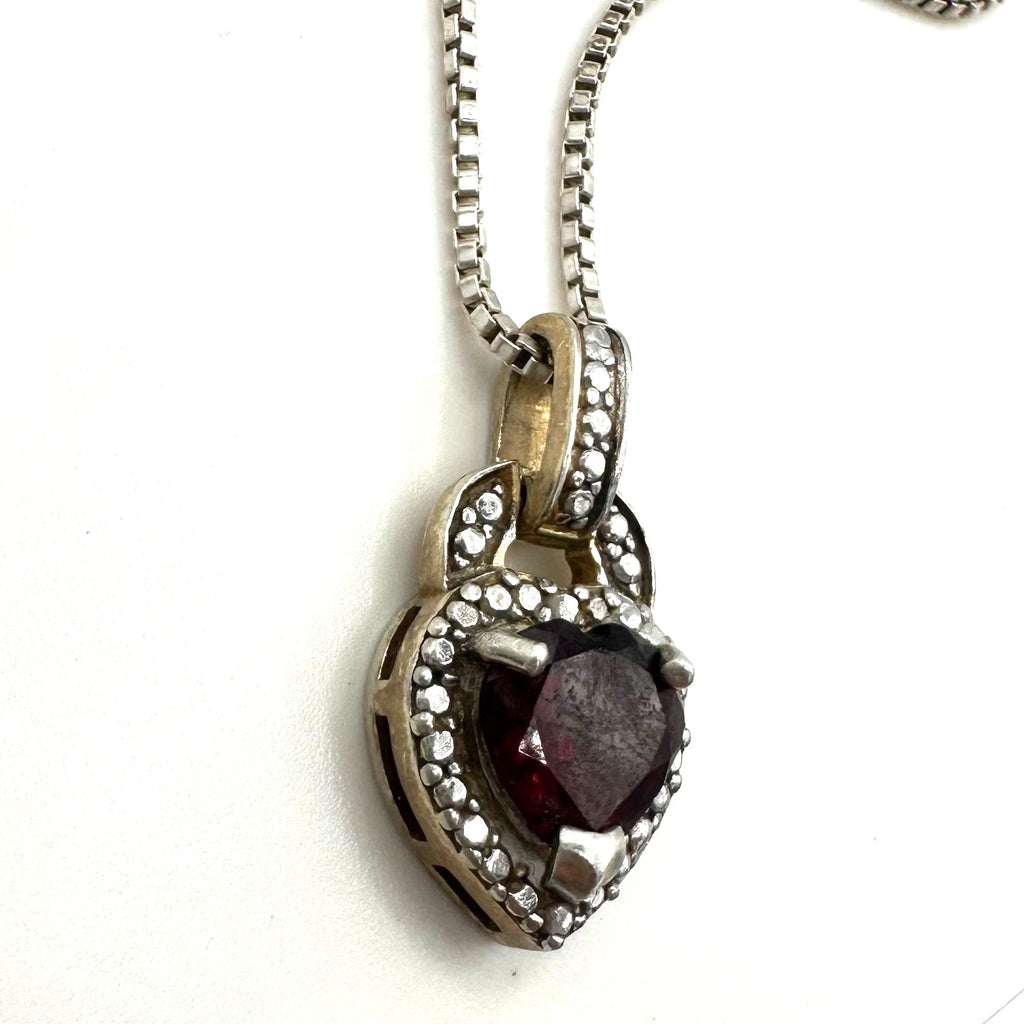 FAS Thai 925 sterling silver real garnet heart pendant 20" box chain necklace