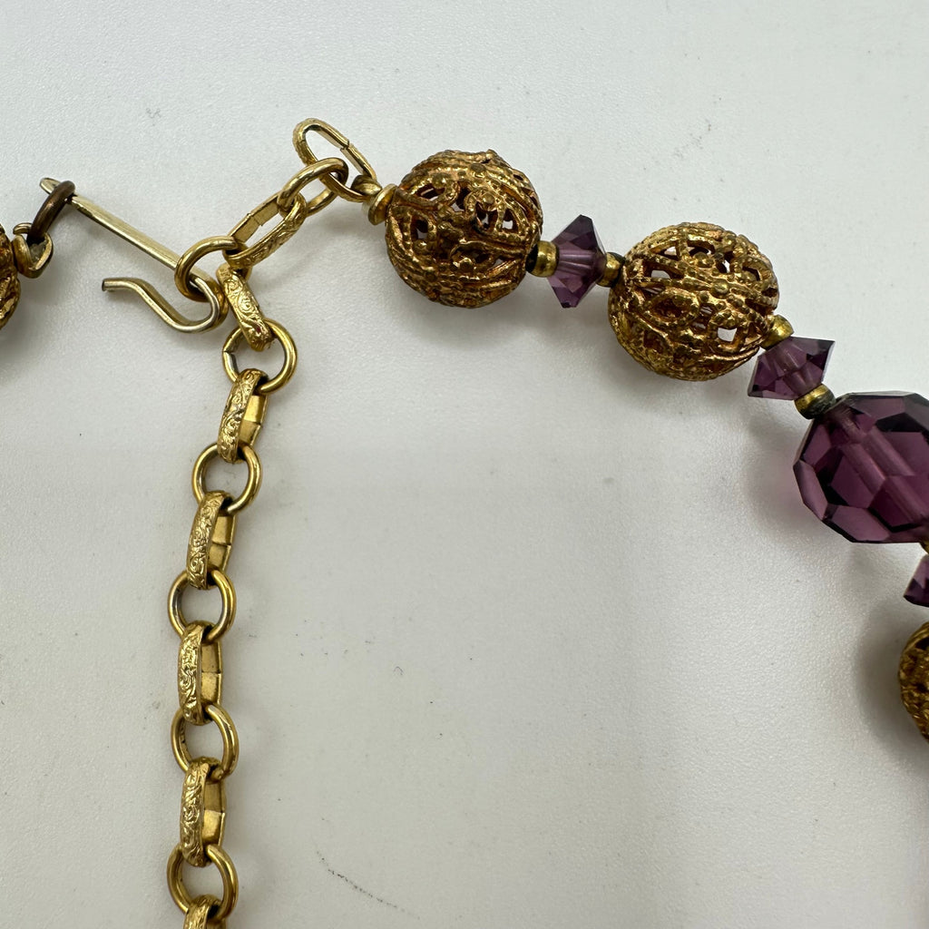1950s vintage purple glass beads gold tone filigree graduated necklace