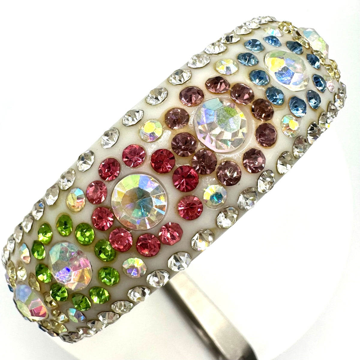 Vintage white lucite multicolor AB aurora borealis rhinestones bangle bracelet