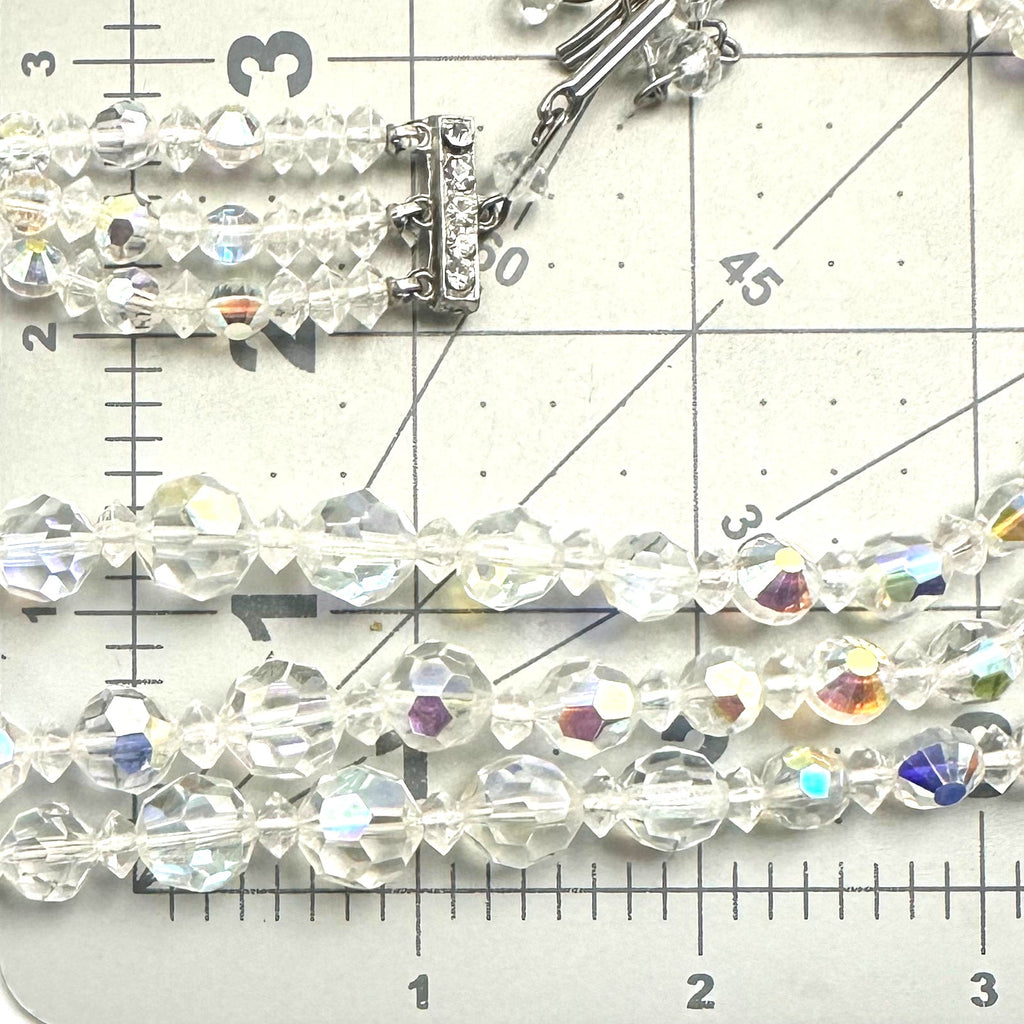 Vintage 3 triple strand clear AB aurora borealis glass beaded graduated necklace