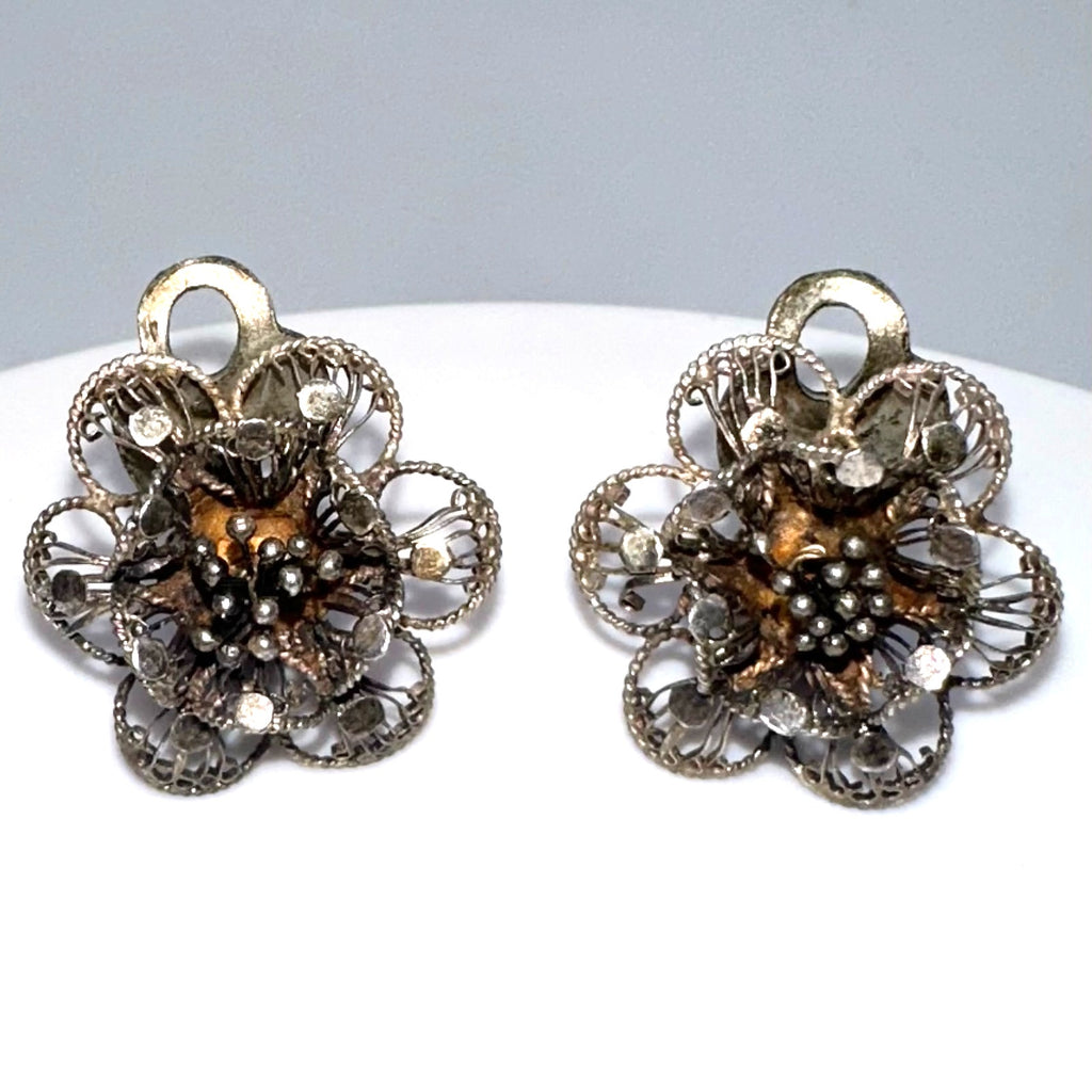 Antique vintage 800 silver handmade filigree flowers floral clip on earrings