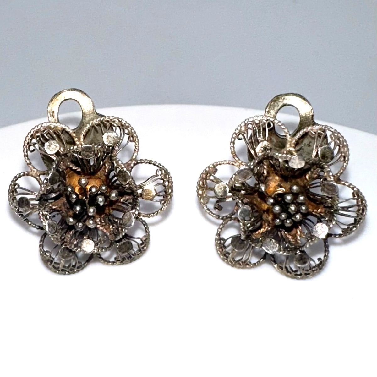 Antique vintage 800 silver handmade filigree flowers floral clip on earrings