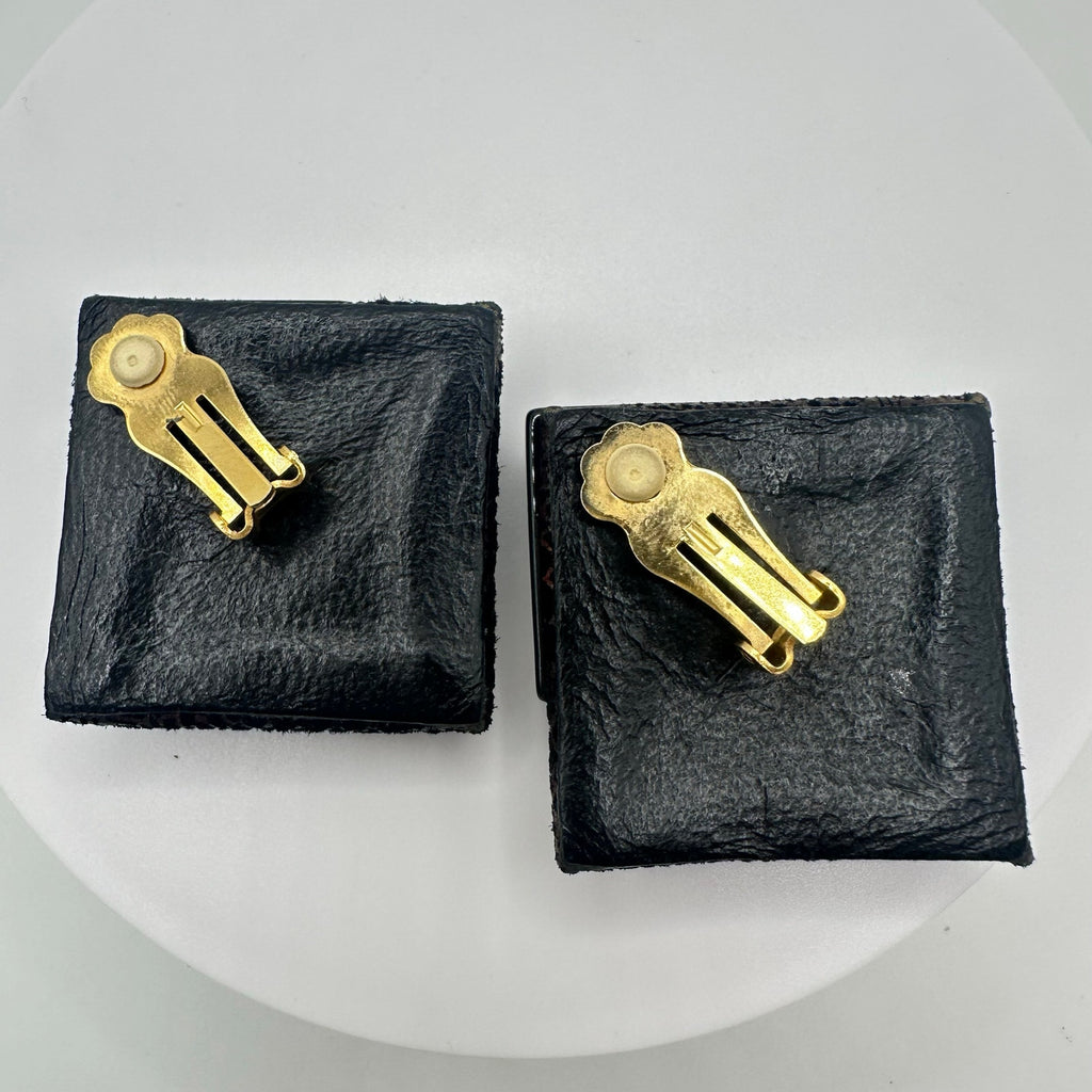 1980s vintage black glass fabric genuine leather statement clip on earrings