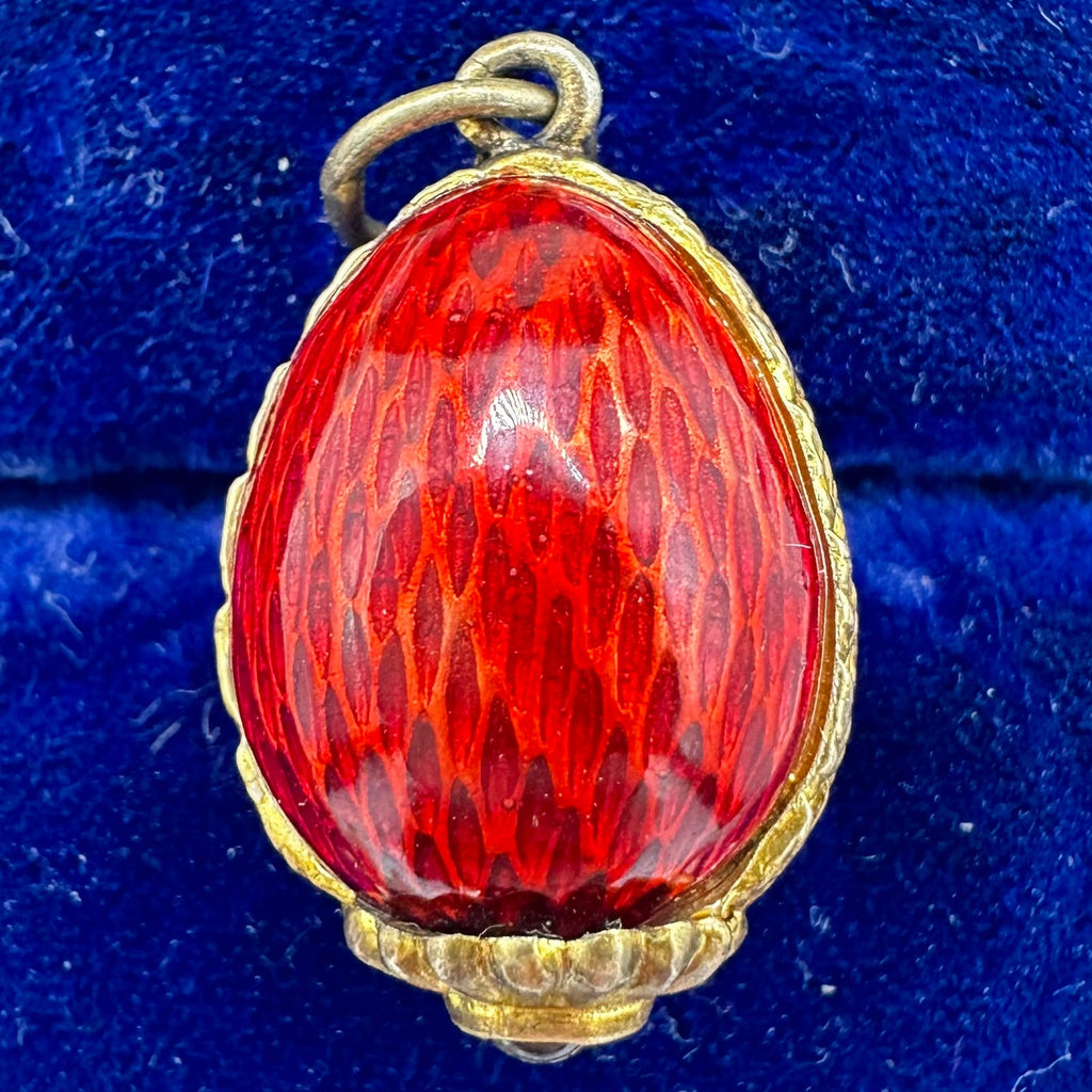 Vintage gilt sterling silver red floral garnet enamel rhinestones egg pendant