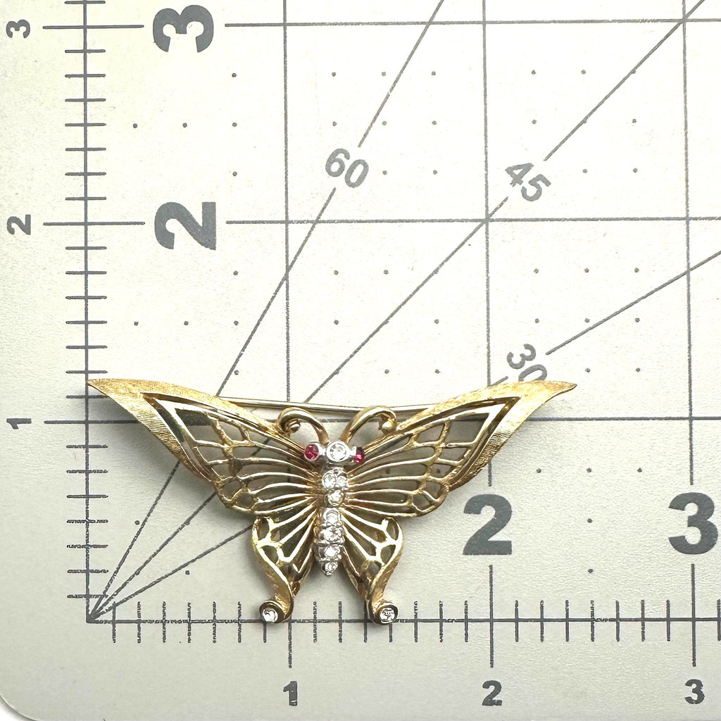 Marcel Boucher vintage gold tone clear red rhinestones butterfly brooch