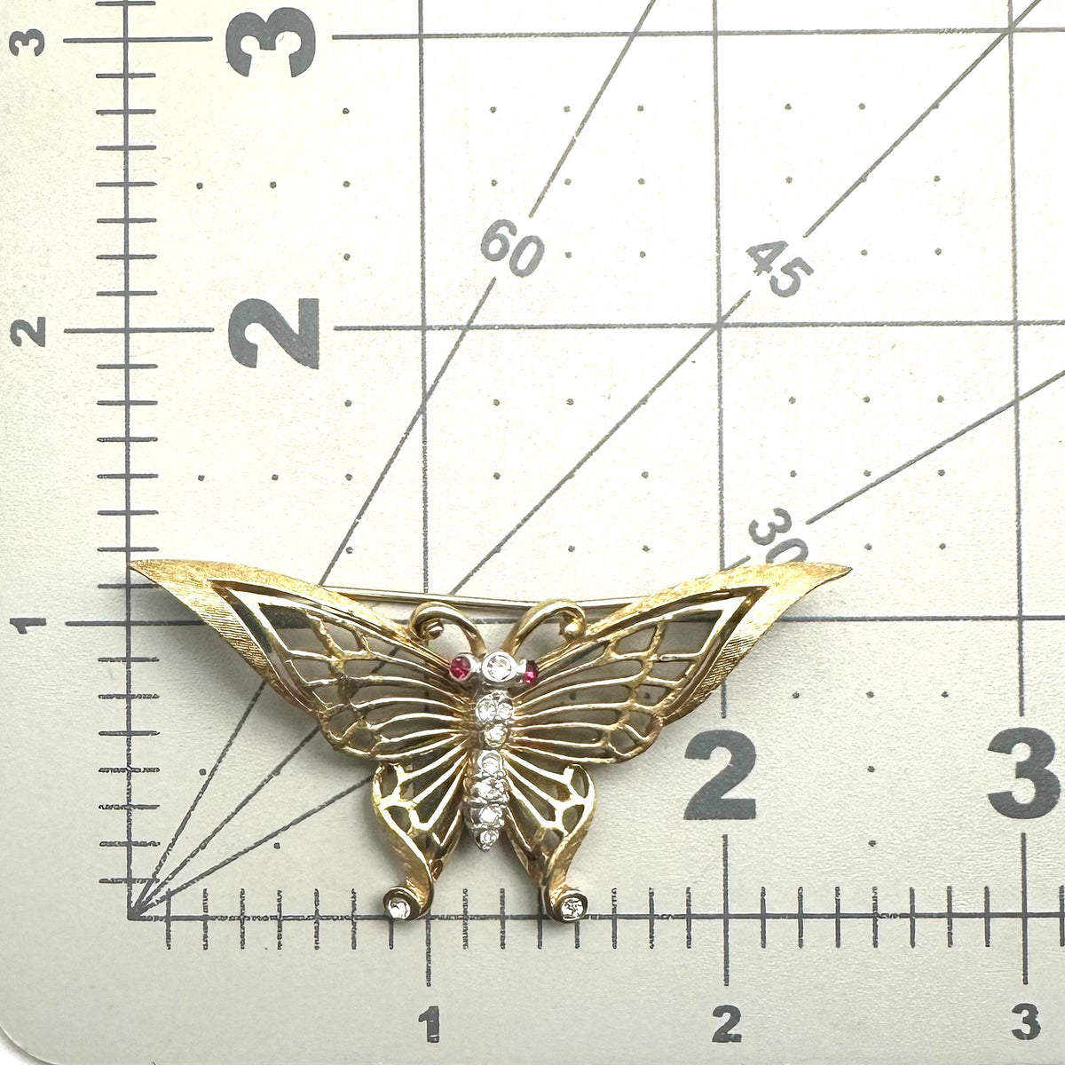 Marcel Boucher vintage gold tone clear red rhinestones butterfly brooch