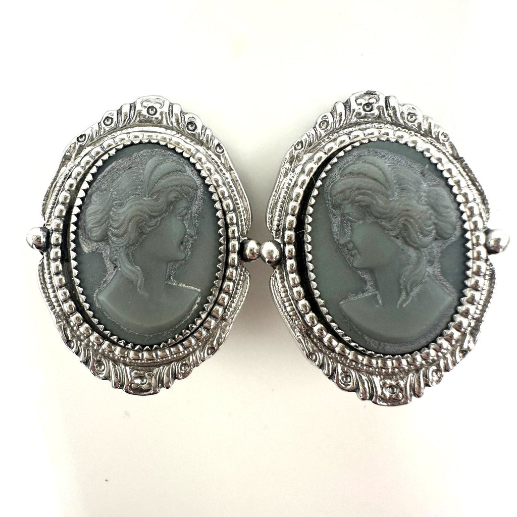 Whiting & Davis signed vintage silver tone gray resin cameos clip on earrings