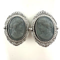 Whiting & Davis signed vintage silver tone gray resin cameos clip on earrings