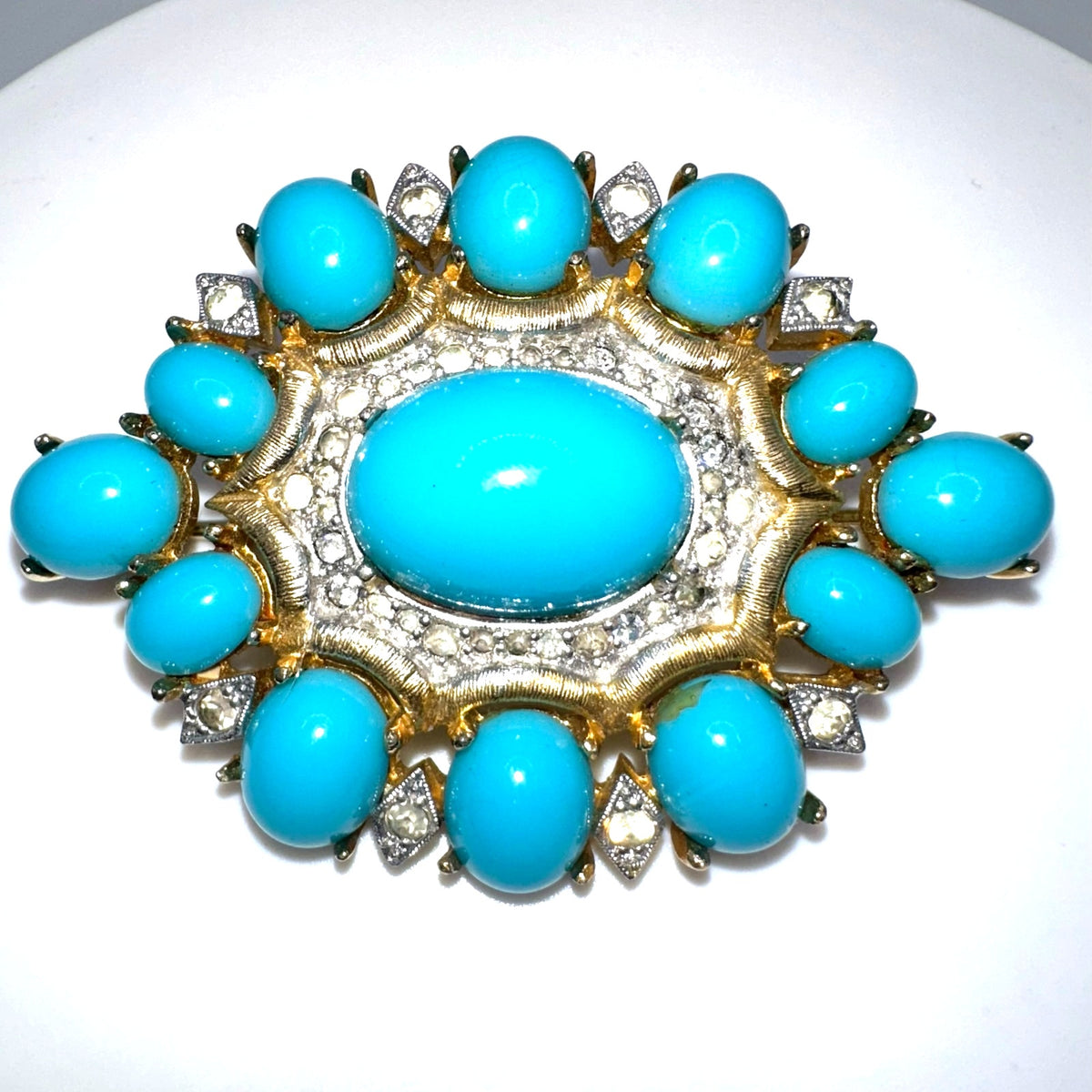 Polcini vintage gold tone clear rhinestones turquoise glass cabochons brooch