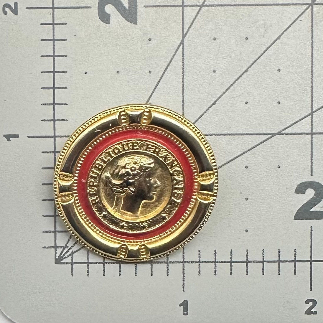 Vintage gold tone red enamel French Republic coin replica statement brooch