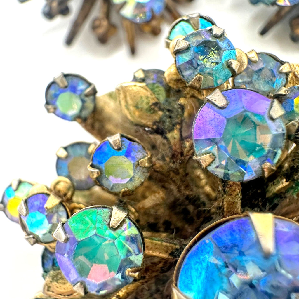 Vintage gold tone blue AB rhinestones starburst brooch clip on earrings
