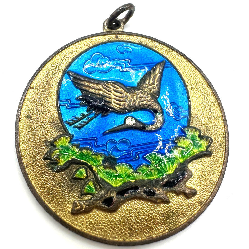 Chinese vintage gold tone cloisonné enamel crane bird disc round pendant